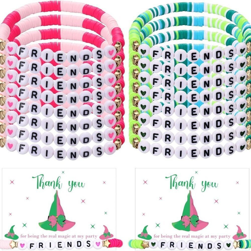 Friendship Bracelets Set Pink & Green Witch Theme with Cards for Best Friends